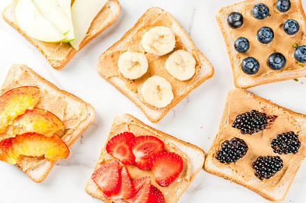 Toasts with peanut butter and berry featuring sandwiches, peanut butter, and, a Food & Drink Photo by Rimma