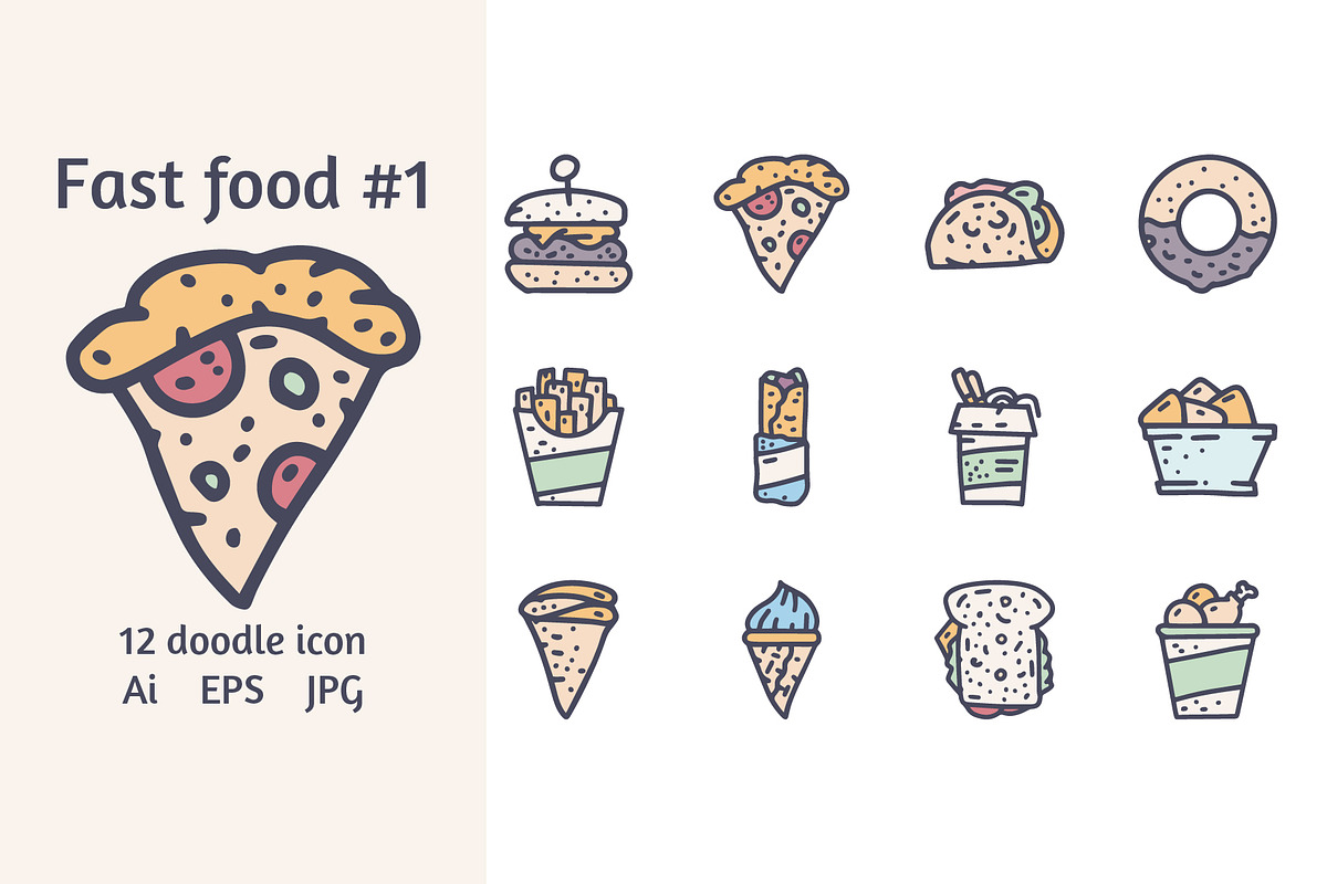 Fast food 12 color doodle icon, an Icon by YershovOleksandr