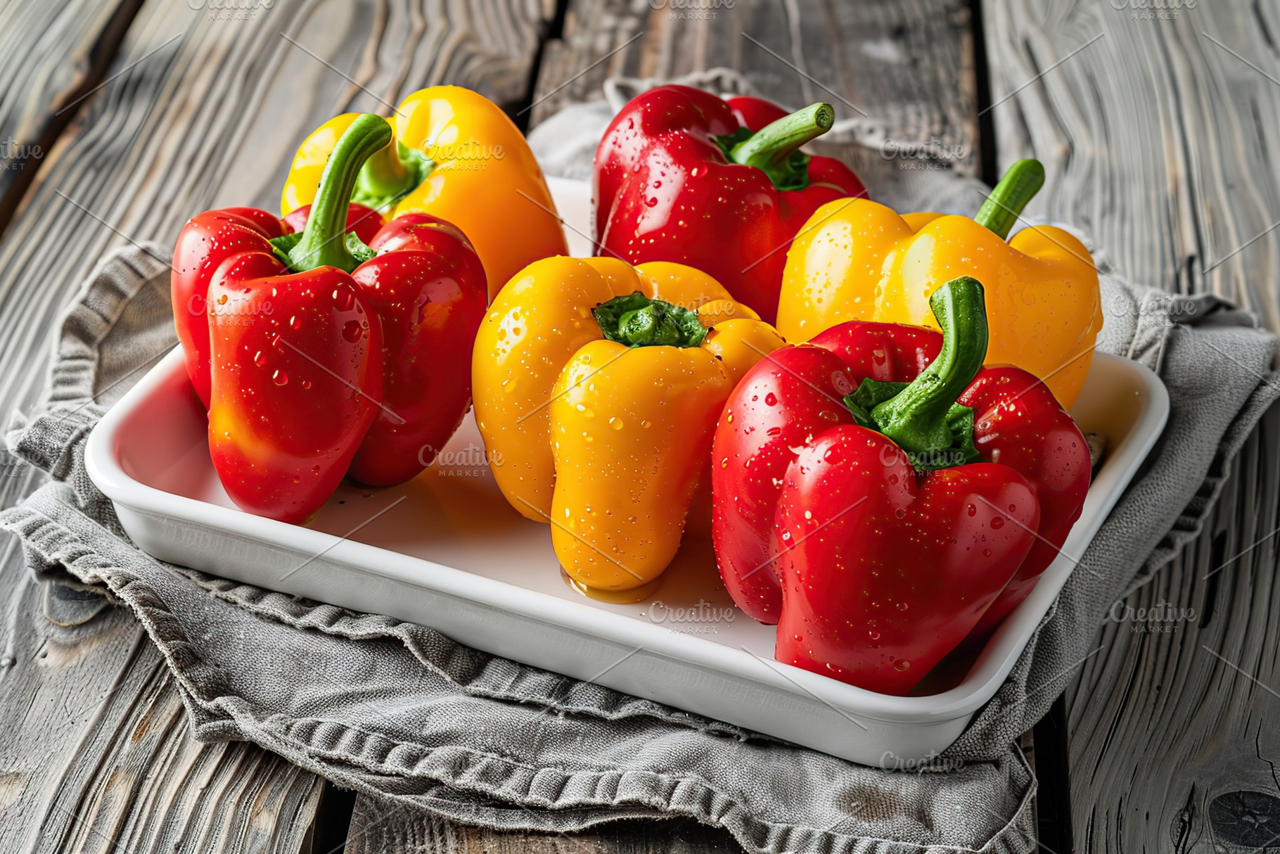 Ripe colorful peppers on wooden table, a Food & Drink Photo by AlyaAnd