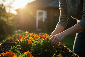 Woman tending vibrant flowers, a Photo by professorinc
