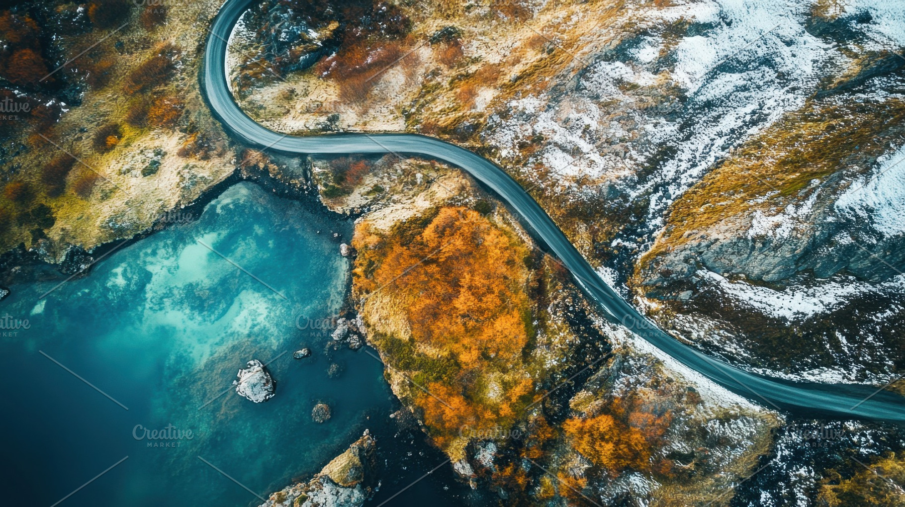 Autumn road by calm lake, a Photo by Beautiful things