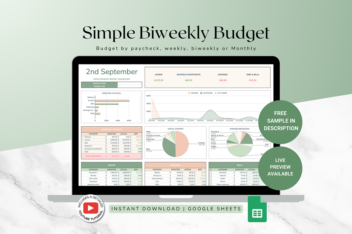 Simple Biweekly Budget - Green, a Templates & Theme by The Creative Plans co (Photo 1 of 10)