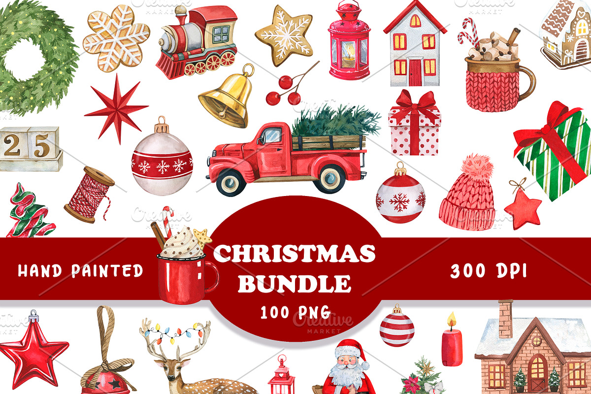 Watercolor CHRISTMAS BUNDLE 100 PNG, a Seasonal Illustration by PatternPalette (Photo 4 of 5)