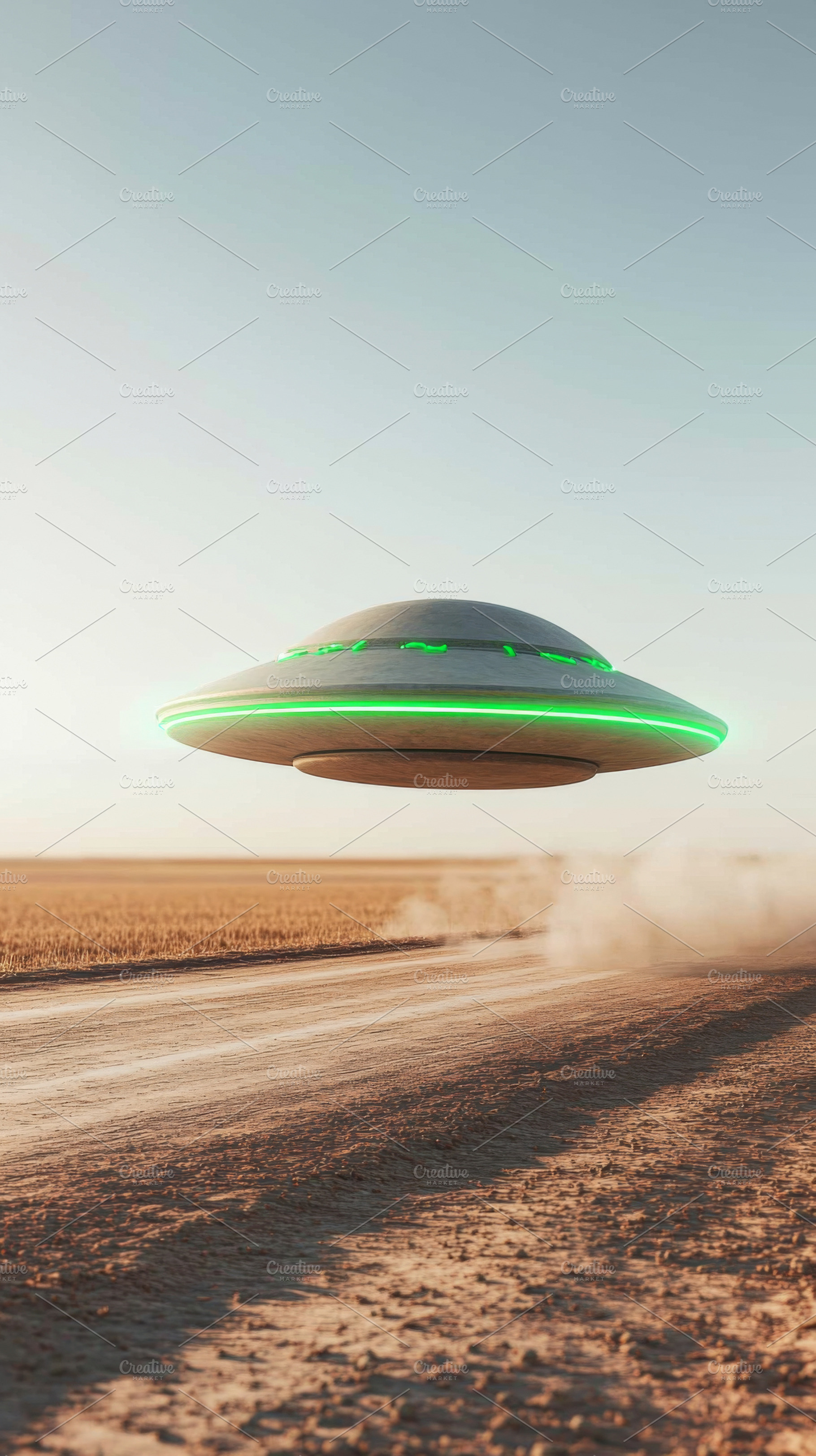 UFO with glowing green lights hoveri, a Photo by Dvoevnore photos