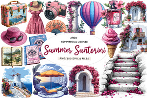 Pink Summer Santorini Travel Clipart, an Illustration by CreationArt