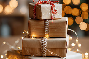 Festively wrapped gifts with fairy lights, a Holiday Photo by AlyaAnd