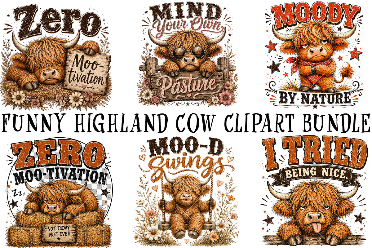 Funny Highland Cow Clipart Bundle, a Seasonal Illustration by OK Design (Photo 2 of 6)