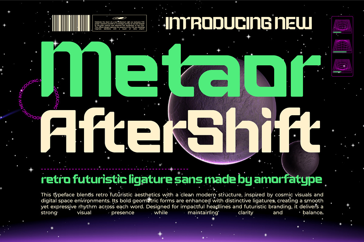 Metaor Aftershift Retro Futuristic, a Sans Serif Font by AmorfaType (Photo 1 of 10)