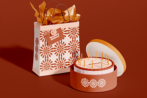 Cake Box And Bag Packaging Mockup