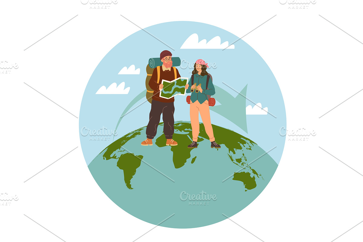 Couple trip around world. Old people, a Transportation Illustration by YummyBuum