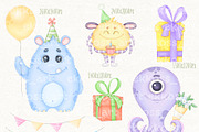 Watercolor Monsters Birthday Clipart, an Illustration by ekossa_art (Thumbnail 2 of 6)