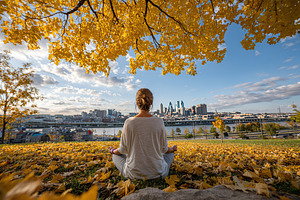 Meditating woman barefoot in a city park surrounded by autumn leaves and a skyl, a Photo by AlyaAnd