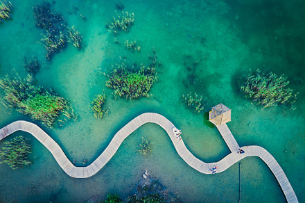 Turquiose Water and Wooden Bridge. A