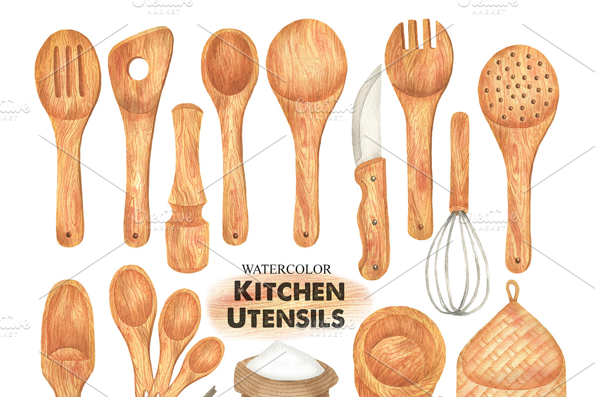 Watercolor Kitchen Utensils, a Food Illustration by OlDm_Shop