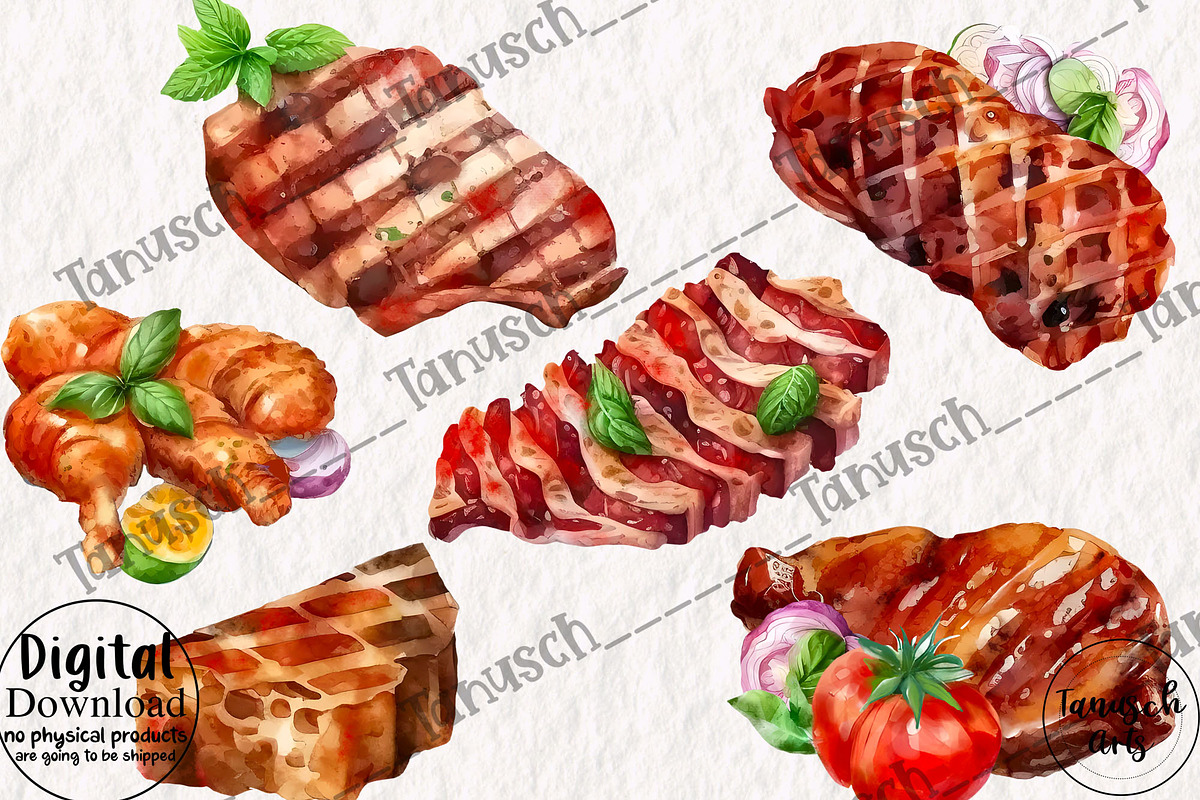 Watercolor BBQ meat & burger Clipart, a Food Illustration by TanuschArts (Photo 2 of 3)
