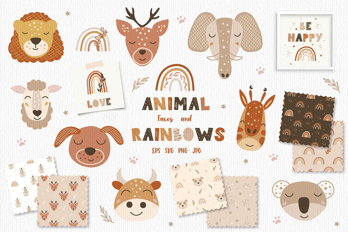 Animal Faces and Boho Rainbow Bundle, an Animal Illustration by DearLetters (Photo 1 of 14)