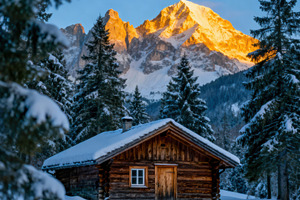 Winter Wonderland Cabin, Golden Hour, a Nature Photo by Virgo Studio