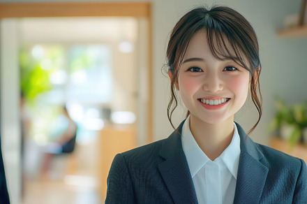 Realtor wearing a suit smiles confidently in stylish living room, a Person Photo by AlyaAnd