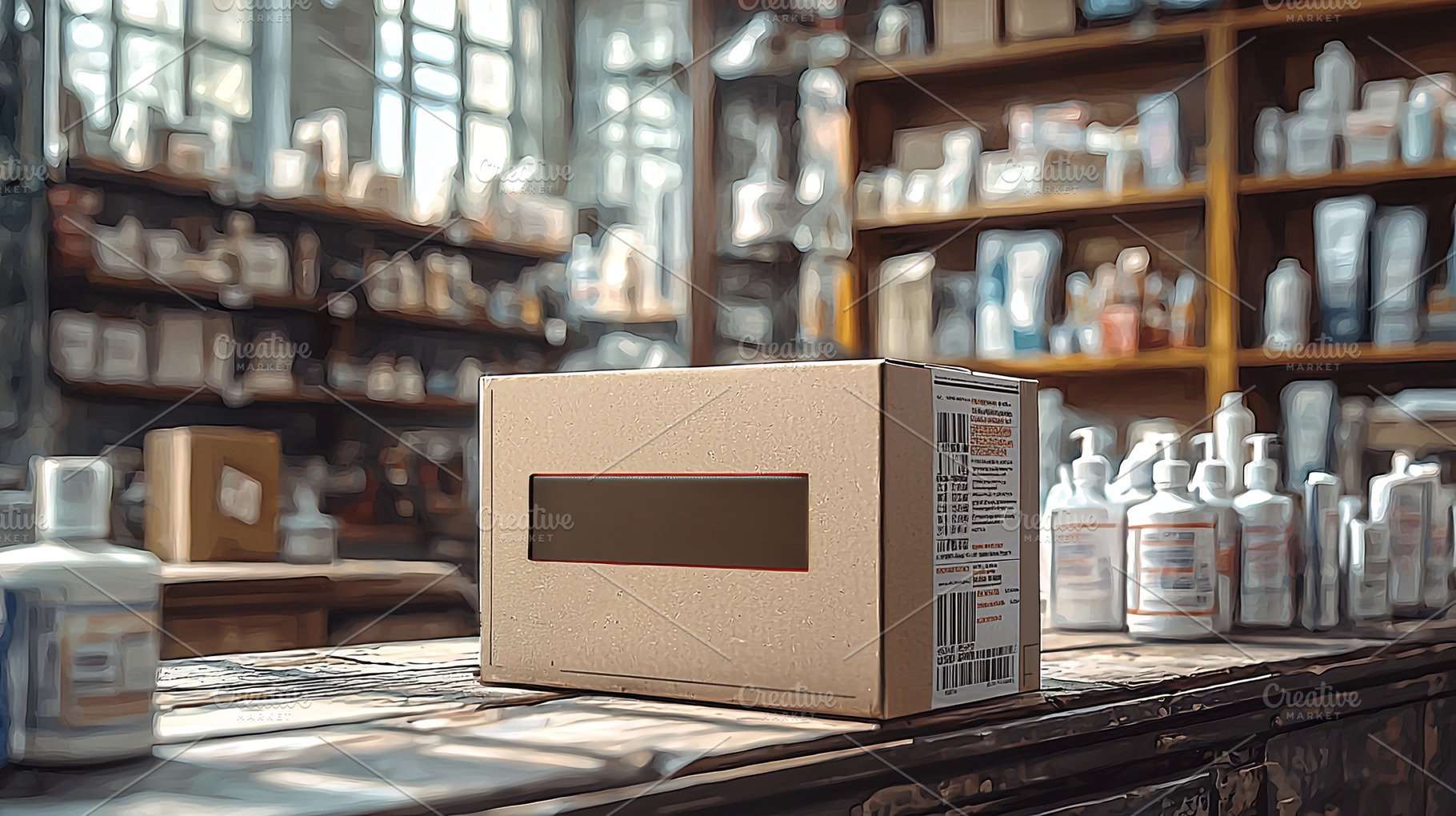 Cardboard box on workbench in warehouse with supplies around, a Photo by AS photostudio