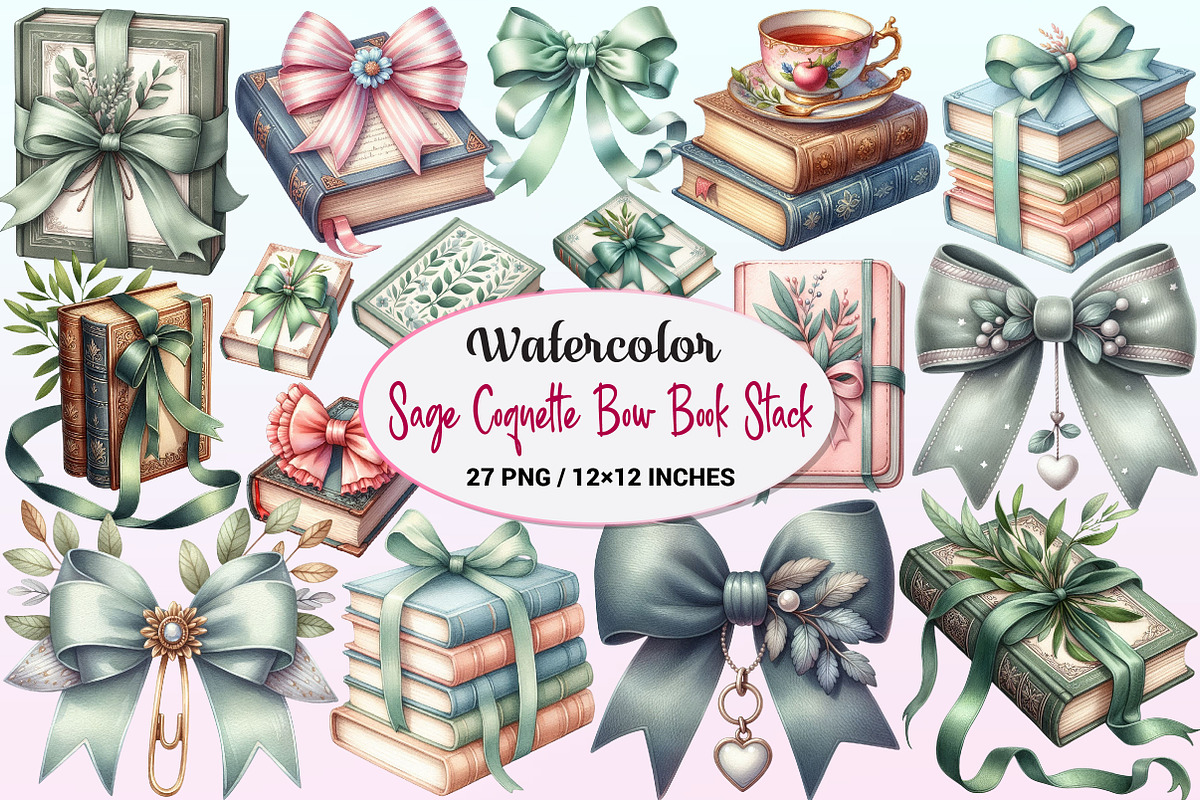 Sage Coquette Bow Book Stack Clipart, a Graphic by CitraGraphics (Photo 1 of 4)