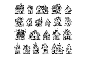 Doodle Style Creepy Houses Set. Low, an Object Illustration by LadadikArt