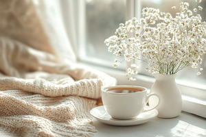 Cup of hot cappuccino and knitted plaid on a windowsill, a Food & Drink Photo by AlyaAnd
