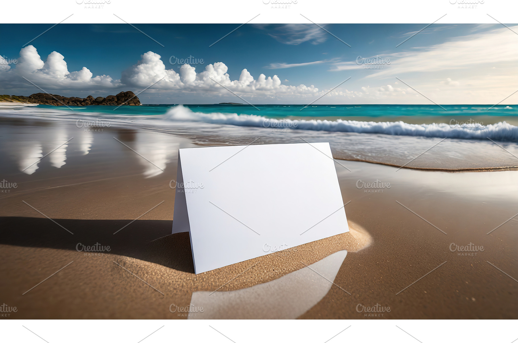 A white card propped up on a sandy, a Holiday Photo by Igor Tichonow