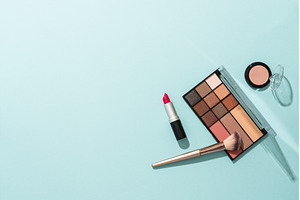Make up products on blue background., a Beauty & Fashion Photo by Nadia-nb