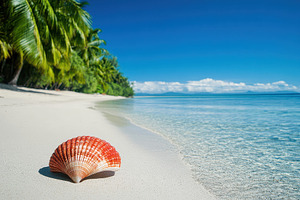 Tropical beach featuring a red shell, a Photo by Iftikhar Alam
