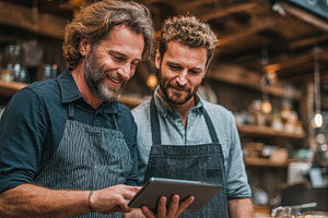 Two male business owners reviewing t, a Photo by Pixeness Studio