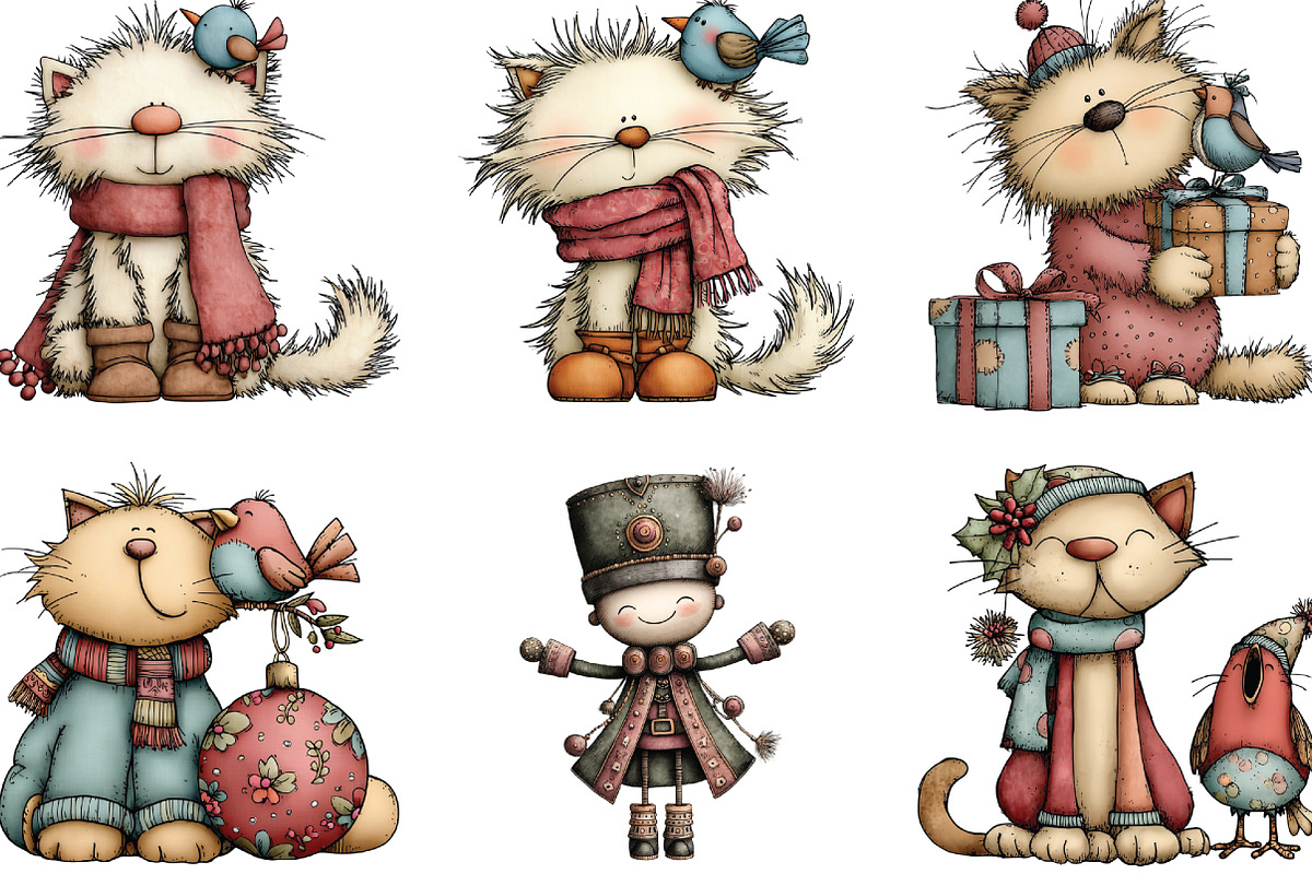 Christmas Cat And Bird Clipart, an Illustration by CraftArtStudio (Photo 4 of 6)