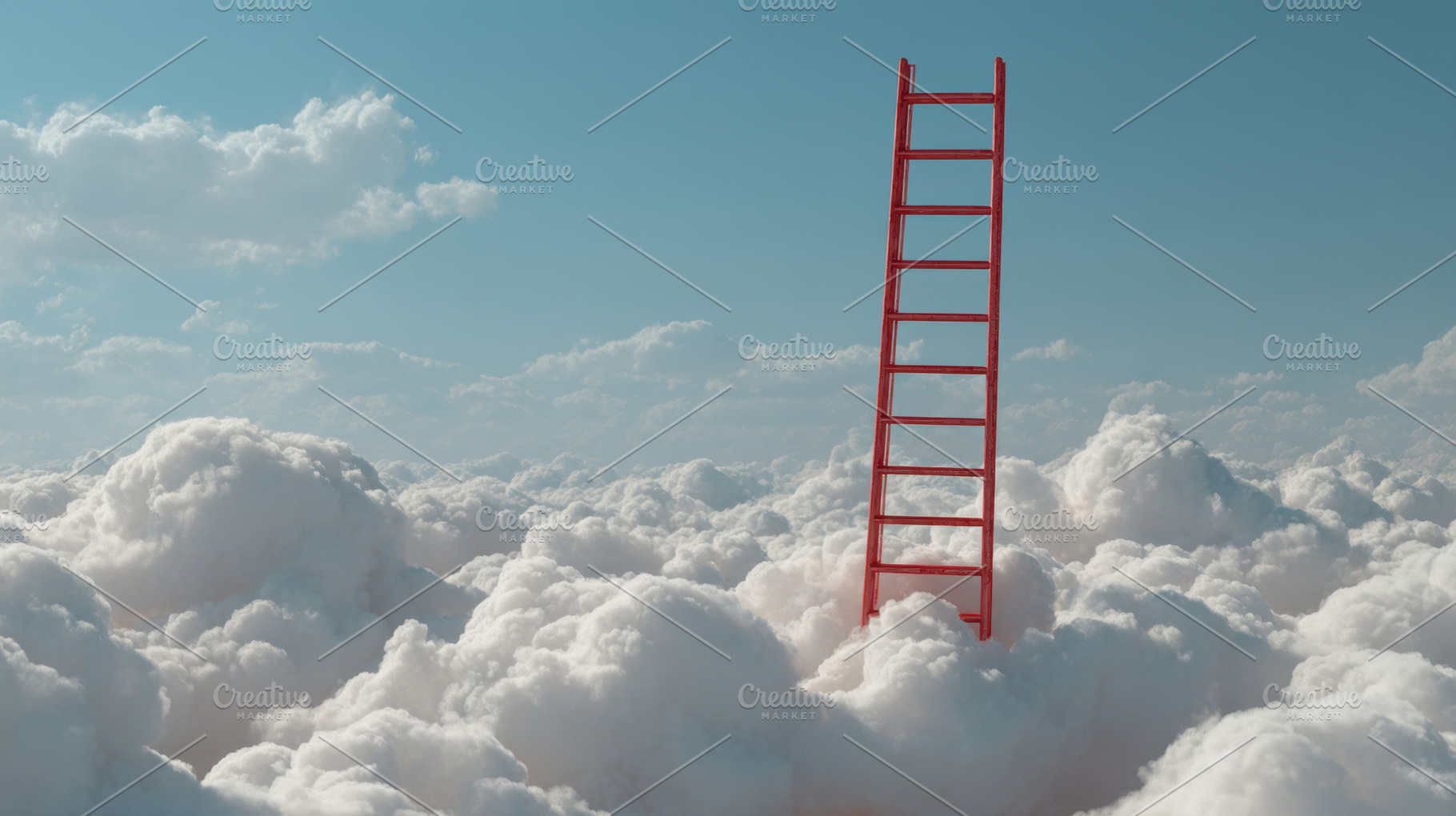 Red ladder reaching into the clouds, a Photo by Beautiful things
