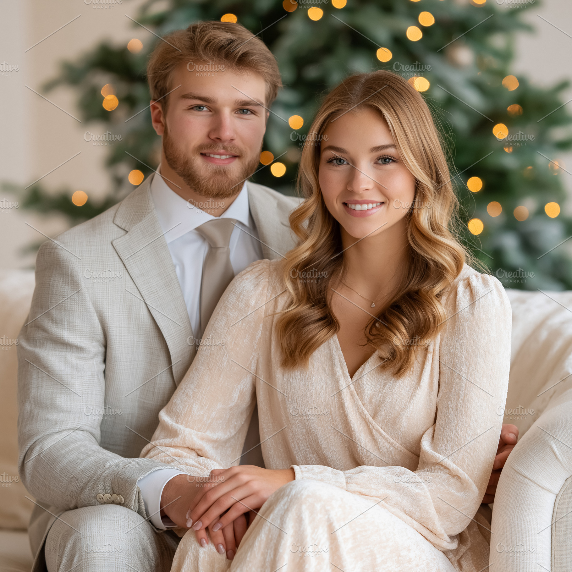 Young couple smiling, sitting on a sofa with Christmas tree ligh, a Person Photo by Studio ANNA