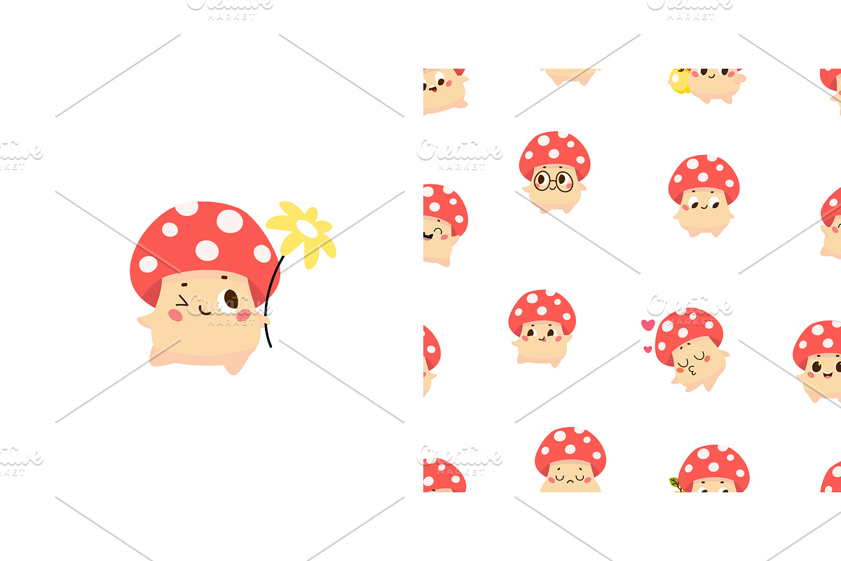 Cute fly agarics characters. Funny, an Illustration by Valerie Bodnar