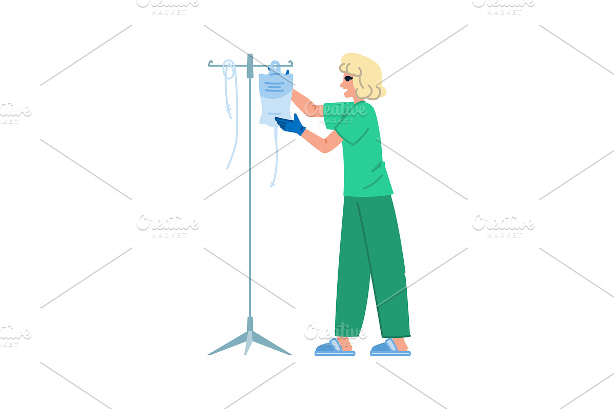 Nurse preparing saline solution bag, a Healthcare Illustration by pikepicture