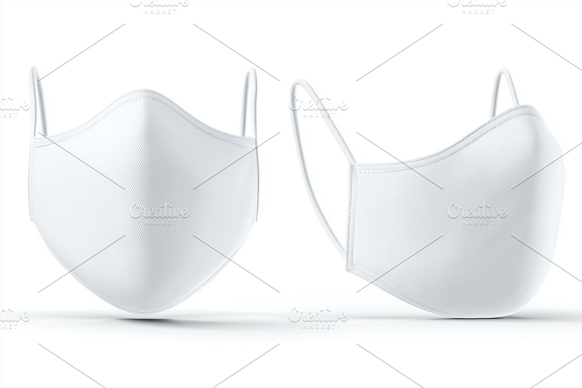 Two white face masks mockup with ear loops on a white background., a Mask Mockup by Textures & Backgrounds