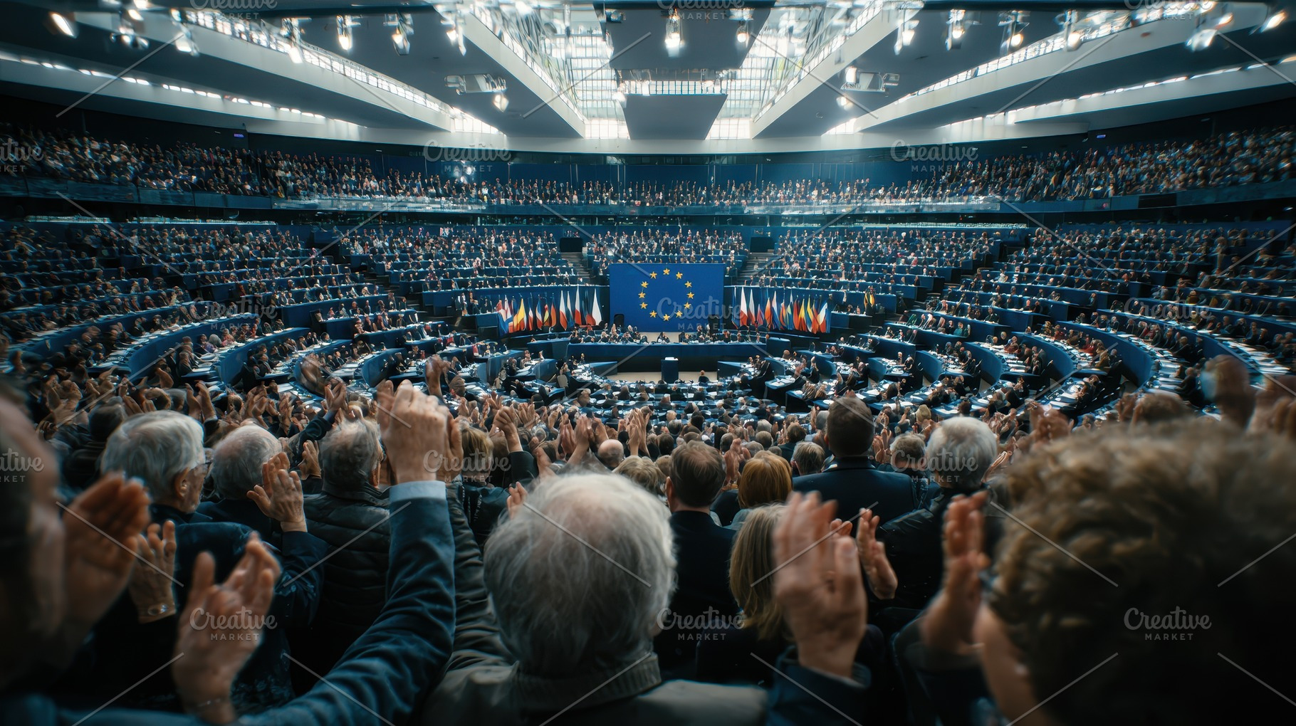 Large audience applauding in a Europ, a Photo by Pixeness Studio