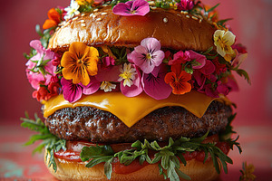 Gourmet cheeseburger topped with edible flowers, melted cheese,, a Food & Drink Photo by José Manuel Gelpi