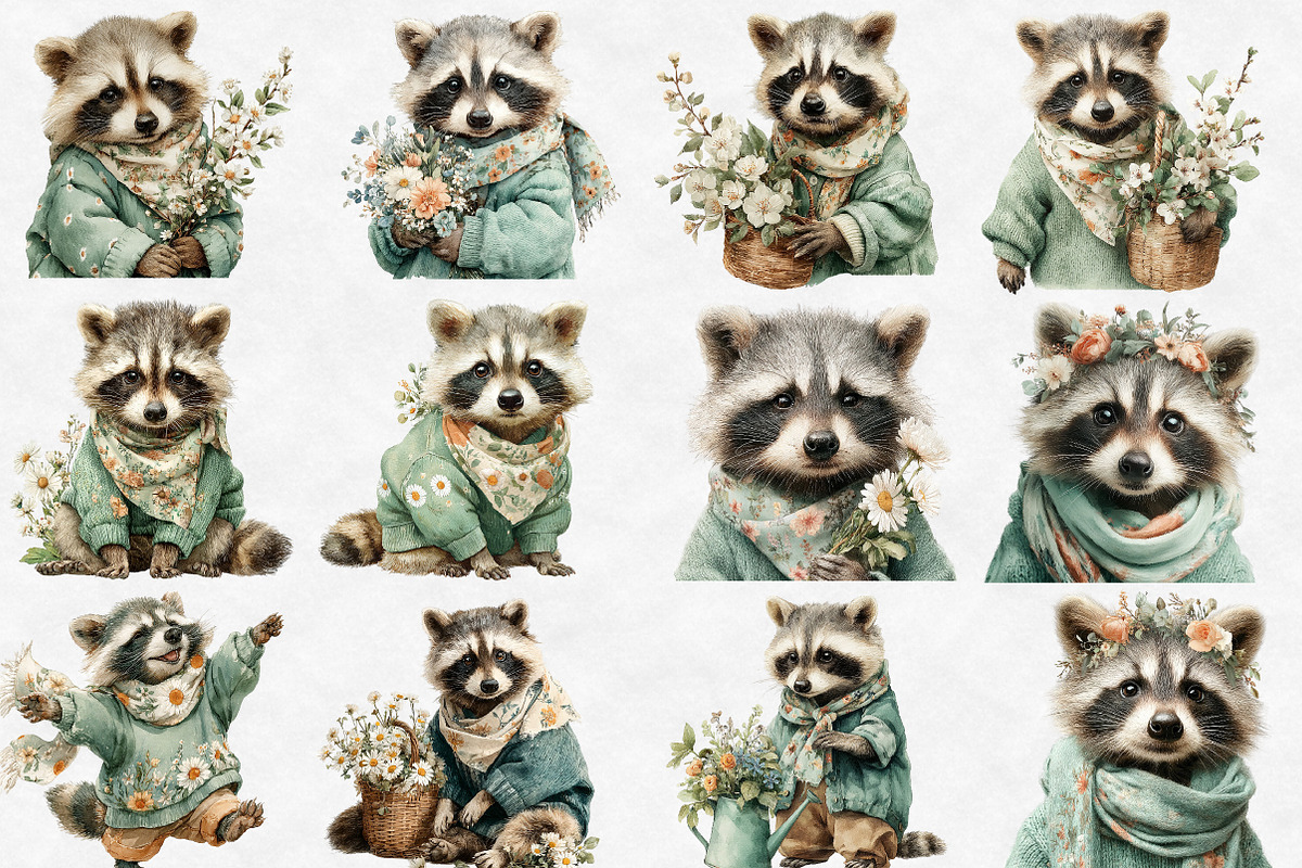 Watercolor Spring Raccon Clipart, an Illustration by Designworld (Photo 5 of 6)