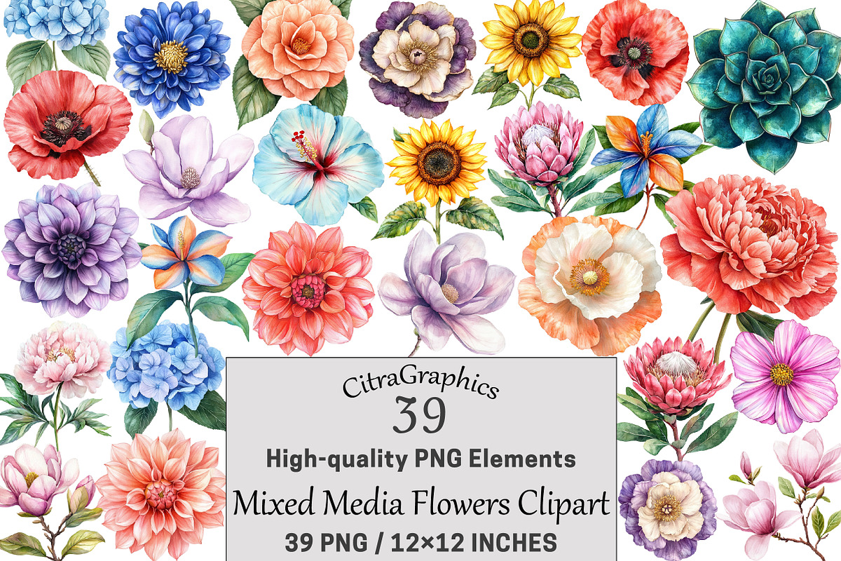 Mixed Media Flowers Clipart, a Seasonal Illustration by CitraGraphics (Photo 1 of 5)
