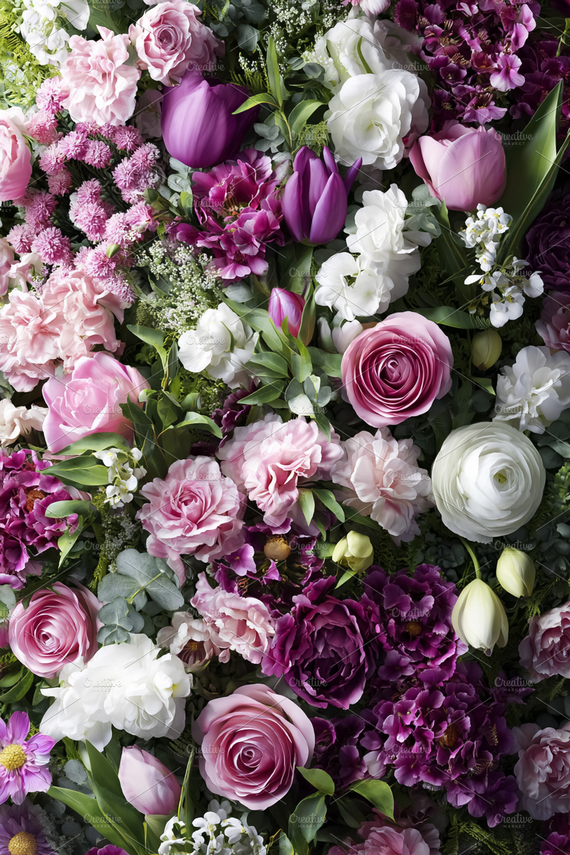 Floral background with pink and purple roses, tulips, and ranunc, a Photo by Studio ANNA