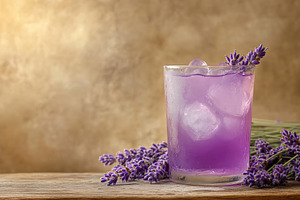 Lavender cocktail served on wooden table surrounded by fresh lavender flowers, a Food & Drink Photo by AlyaAnd