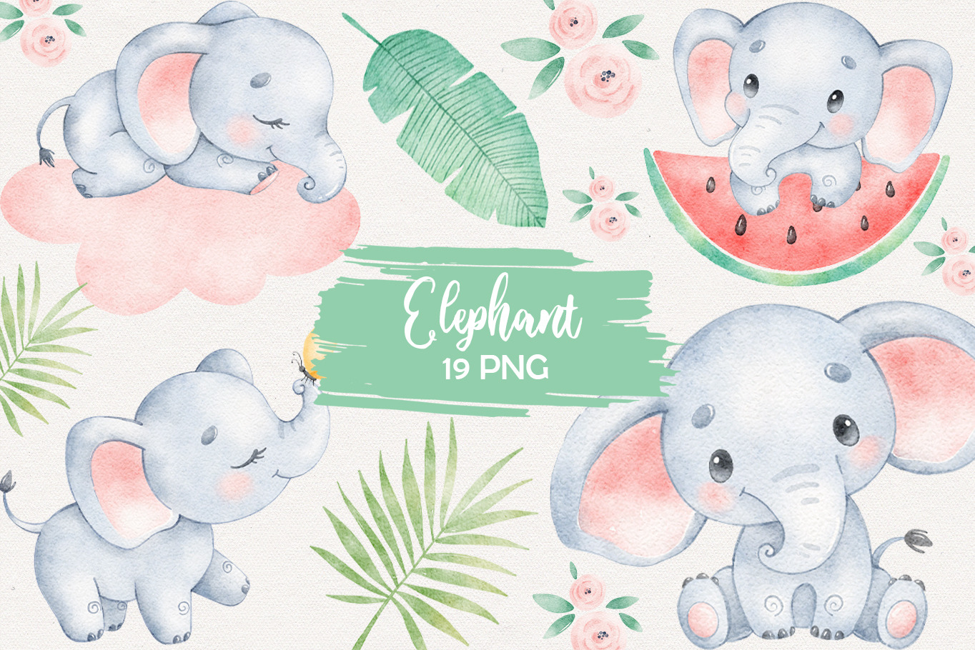 Cute Elephant Watercolor Clipart, an Animal Illustration by BonbonnyDesigns