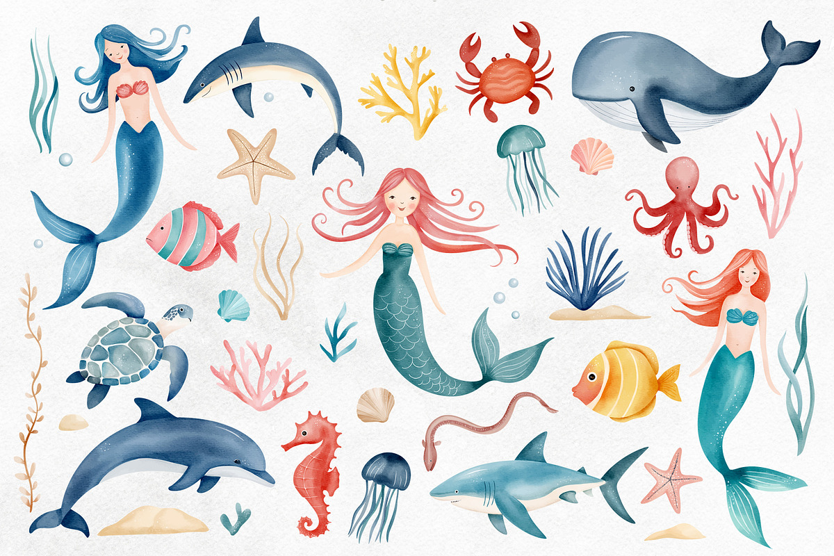 Watercolor Ocean Clipart. Sea Life, an Illustration by Hanna's ArtLab (Photo 2 of 4)