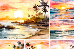 Watercolor Beach Sunsets Digital