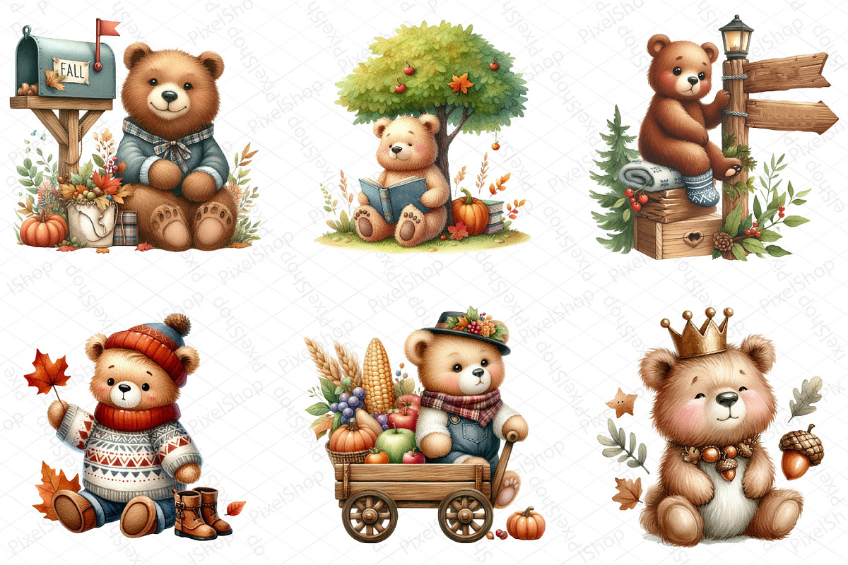 Watercolor Autumn Bear Clipart, an Illustration by DreamPrint404 (Photo 2 of 6)
