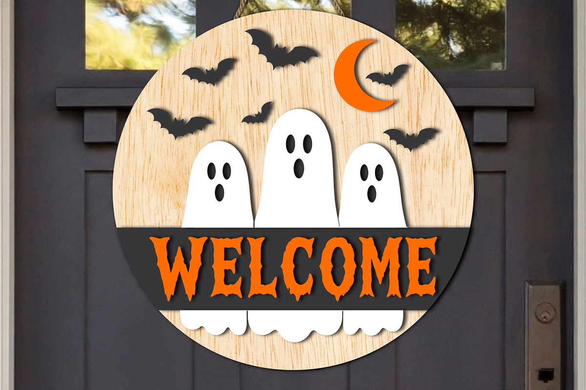 Welcome Halloween Ghost Round Sign, an Object Graphic by OK Design (Photo 2 of 3)