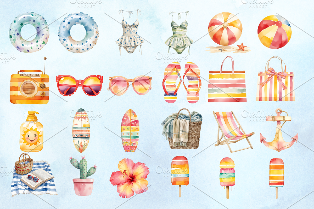 Watercolor Beach Day Clipart, a Decorative Illustration by Coralcreations (Photo 2 of 4)