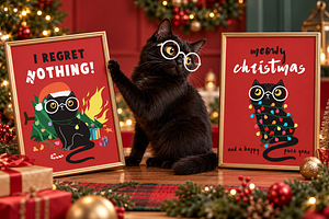 New year cat . Christmas pattern.