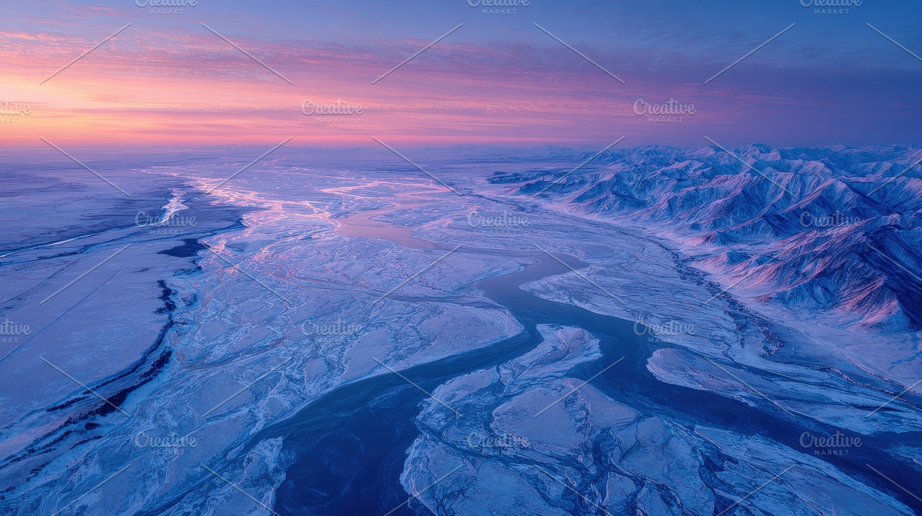 Aerial view of a frozen river windin, a Photo by Pixeness Studio